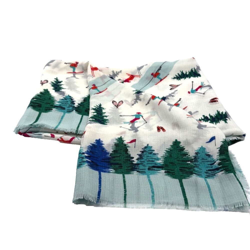 Talbots Womens Scarf Shawl Skiing Winterscape Snowy Scene 48" Square